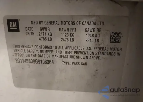 2016 Chevrolet Impala 2Lz from USA, damaged, VIN 2G1145S39G9108364